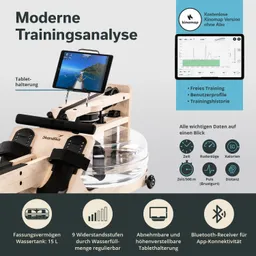 Holzrahmen eines Rudergeräts mit transparentem Wassertank, einem Tablet in Halterung und verschiedenen technischen Informationen.