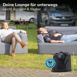 Zwei Personen entspannen auf grauen Sofas im Freien. Im Hintergrund steht ein Wohnmobil. Ein schwarzer Sack mit Abmessungen ist sichtbar.