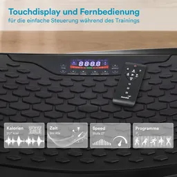 Touchdisplay eines Fitnessgeräts mit Fernbedienung. Anzeigen für Kalorien, Zeit, Geschwindigkeit und Programme sind sichtbar.