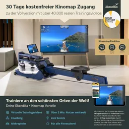 Rudergerät in einem modernen Raum mit Fernseher im Hintergrund. Anzeige für Kinomap-Zugang und Vorteile des Produkts.