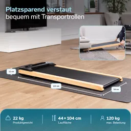 Laufband mit Holzrahmen, zusammengeklappt und auf einem Teppich platziert. Maße: 123 cm lang, 44 cm breit, 12 cm hoch.