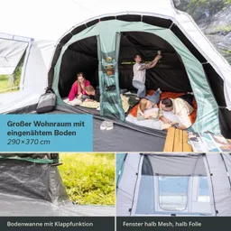 Großes Zeltinnere mit mehreren Personen, Matratzen und einem Tisch. Details zu Bodenwanne und Fenstern sind sichtbar.