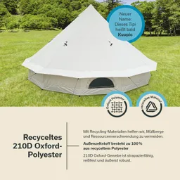 Tipi-Zelt aus recyceltem 210D Oxford-Polyester auf einer Wiese. Das Zelt hat eine helle Farbe und ist geöffnet.