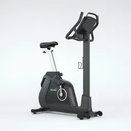 Ergometer in schwarzem Design mit Sattel, verstellbaren Griffen und Displayhalterung. Hintergrund in hellem Grau.
