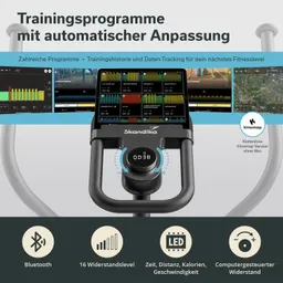 Gerät mit Bildschirm für Trainingsprogramme und Daten-Tracking, 16 Widerstandsstufen, Bluetooth, LED-Anzeigen.