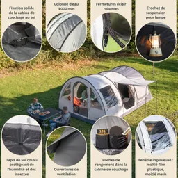 Zelt auf Wiese mit zwei Personen, die an einem Tisch sitzen. Informationen zu Zeltmerkmalen wie Wassersäule und Ventilation.
