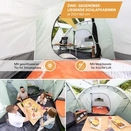 Zeltinneneinrichtung mit zwei Schlafkabinen, Tisch mit Snacks, und einer Sitzgruppe. Helle Farben, grüne Wände, und Fenster.