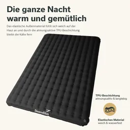 Schwarze Campingmatte mit aufgerauter Oberfläche, beschriftet mit „Skandika“ und Informationen über das Material.