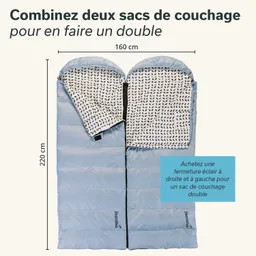 Zwei blaue Schlafsäcke liegen nebeneinander, geöffnet mit gemusterten Innenseiten. Maße sind angegeben: 160 cm und 220 cm.