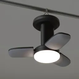 Hängelampe mit einem runden, weißen Licht und vier grauen, flachen Blättern aus Kunststoff.