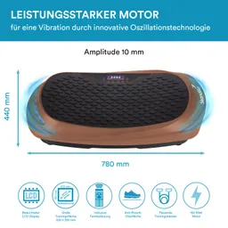 Vibrationsplatte in brauner Farbe mit schwarzer Gummimatte und digitalem LCD-Display. Maße: 780 mm x 440 mm.
