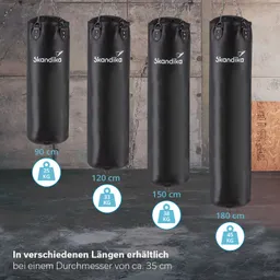 Vier schwarze Boxsäcke unterschiedlicher Längen (90 cm, 120 cm, 150 cm, 180 cm) an Ketten hängend. Herstellerlogo sichtbar.