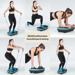 Eine Person in Sportkleidung führt verschiedene Übungen auf einem Trainingsgerät aus. In der Mitte steht der Schriftzug „Multifunktionales Ganzkörpertraining“.