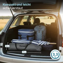 Im Kofferraum eines Autos befinden sich eine blaue Kühltasche, ein Rucksack und ein grauer, gestreifter Sonnenschirm.