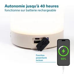 Tragbare Lampe mit USB-Anschluss, Batteriestatusanzeige und Ladefunktion für Smartphones. Eingerahmt von beschreibendem Text.