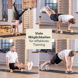 Vier Fitnessübungen werden gezeigt: eine Person macht Handstand, eine andere führt eine Liegestütze aus, während eine dritte Sit-Ups macht. Eine vierte Person zeigt eine Plank-Position. Ein Holzgestell und Fitnessgeräte sind sichtbar.