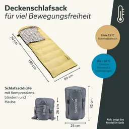 Deckenschlafsack in Gelb mit grauer Verpackung. Maße: 190 x 80 cm. Hülle mit Kompressionsbändern, bis -10°C geeignet.