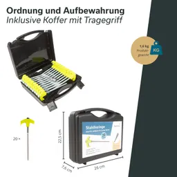 Schwarzer Koffer mit gelben Stahlringen, geöffnet, zeigt die Inhalte. Neben dem Koffer steht eine Abbildung eines Stahlrings. Maße und Gewicht sind angegeben.