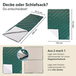 Doppelschlafsack und Decke in grün und beige, Maße angegeben. Anleitung zur Kombination von zwei Decken.