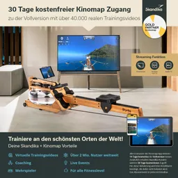 Rudergerät aus Holz mit Wassertank, Bildschirm zeigt Rudertraining in natürlicher Umgebung, Infos zu Kinomap und Streamingdiensten.