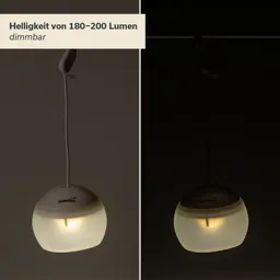 Hängende Lampe mit einem halbtransparenten Gehäuse, im Bild links beleuchtet, im Bild rechts dunkel.