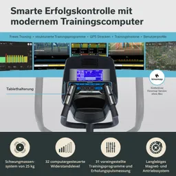 Multifunktionsgerät mit Trainingscomputer, Tablet-Halterung, LED-Display und verschiedenen Trainigseinstellungen.