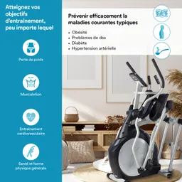 Ein Ellipsentrainer steht in einem modernen Raum. Links sind Textinformationen über Trainingsziele wie Gewichtsverlust und Muskulatur.