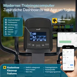 Moderer Trainingscomputer mit LCD-Display von Skandika. Grafiken, Tasten und Smartphone-App mit Trainingsdaten sind sichtbar.
