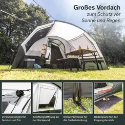 Zelt mit großem Vordach auf einer Wiese. Gartenmöbel und eine Kühlbox sind sichtbar. Hintergrund mit Bäumen und Sonnenschein.