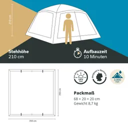 Zelt mit statischen Maßen: Höhe 210 cm, Grundfläche 350 x 350 cm, Aufbauzeit 10 Minuten, Transportgröße 68 x 20 x 20 cm, Gewicht 8,7 kg.