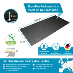 Bodenschutzmatte in Schwarz, Maße 200 cm x 90 cm, 7 mm dick. Hinweise zu Material und Zertifizierungen. Schriftzüge und Symbole.