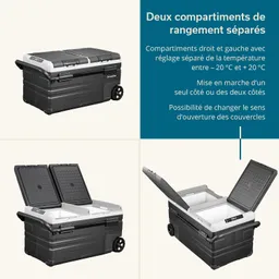 Kühltasche mit zwei separaten Fächern, jeweils mit Deckeln. Seitliche Rollen und Griff für einfachen Transport.