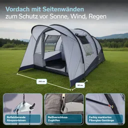 Vordach mit Seitenwänden in Grau mit Maßen und Details zu Abspannleinen und Gestänge auf grünem Gras.