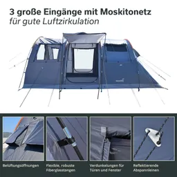 Zelt mit drei großen Eingängen, Moskitonetzen und stabilen Fiberglastangen. Details zu Belüftung, Verdunkelungen und Abspannleinen.