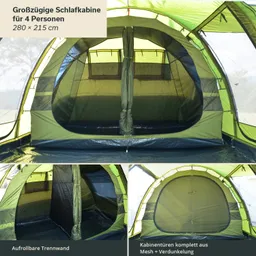 Schlafkabine für vier Personen, grün mit aufrollbarer Trennwand und Mesh-Türen, Innenansicht mit Boden und Fenster.