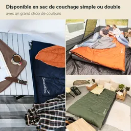 Drei Bereiche zeigen Schlafsäcke in verschiedenen Farben. Links ein Schlafsack mit orangefarbener Innenseite, darunter eine Tasse Kaffee. Oben rechts ein Paar auf einer orangefarbenen Schlafunterlage in einem Zelt.