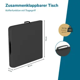 Zusammenklappbarer Tisch in schwarz mit Traggriff, Maße: 90 cm x 74 cm x 8 cm, Gewicht: 10,5 kg.
