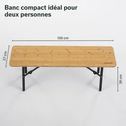 Holztisch mit einer Länge von 100 cm und einer Höhe von 39 cm. Die Tischplatte ist aus Bambus und hat schwarze Beine.