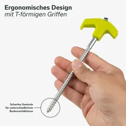 T-förmiger Griff in Gelb an einem Gewinde, das in einer Hand gehalten wird. Hervorhebung: scharfes Gewinde für verschiedene Bodenverhältnisse.