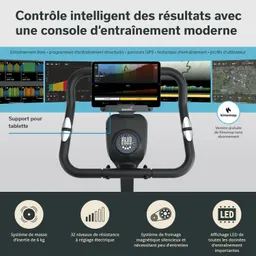 Konsole eines modernen Trainingsgeräts mit Bildschirm, Halterung für Tablet und Anzeige für Trainingsdaten.