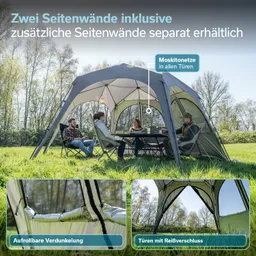 Ein grünes Zelt mit zwei Seitenwänden steht auf einer Wiese. Vier Personen sitzen um einen Tisch, im Hintergrund Bäume. Zusätzliche Informationen zu Moskitonetzen und Verdunkelung sind abgebildet.