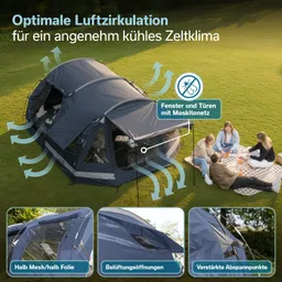 Zelt auf Wiese mit Menschen beim Picknick. Grafische Elemente zeigen Luftzirkulation und Details zu Fenstern und Abspannpunkten.