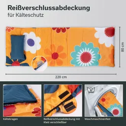 Bunt gefärbter Schlafsack mit floralem Muster, Kältekragen und Reißverschlussabdeckung. Maße: 220x80 cm, maschinenwaschbar.