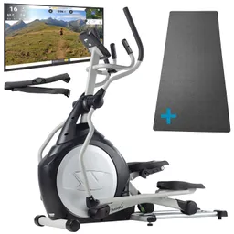 Ellipsentrainer mit Bildschirm, Fitnessgurt und Yogamatte auf weißem Hintergrund. Der Bildschirm zeigt eine Landschaft.