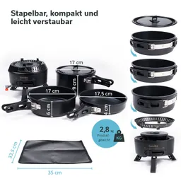 Kochgeschirrset in Schwarz mit mehreren Töpfen und einem Kochgerät. Maße und Gewicht sind angegeben. Stabiles, stapelbares Design.