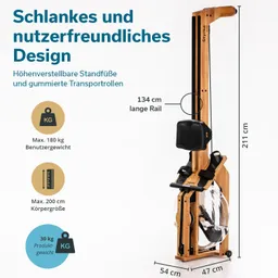 Wasserrudergerät mit höhenverstellbaren Standfüßen, gummierten Transportrollen und verschiedenen Maßangaben.
