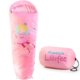 Schlafsack in Pink mit einer Prinzessin und bunten Punkten. Daneben ein zusammengepackter Schlafsack in der gleichen Farbe.