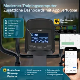 Trainingscomputer mit LCD-Display, Tasten für Programmsteuerung und App-Anbindung. Grafiken und Daten zu Trainingseinstellungen sichtbar.