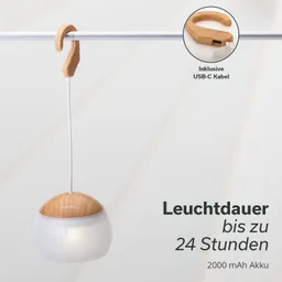 Hängende Lampe mit Holzoberteil und weißem Diffusor. Inklusive USB-C Kabel. Informationen zur Leuchtdauer und Akku.