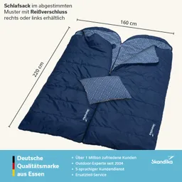 Blau gefärbter Schlafsack mit einem geometrischen Innenmuster. Maße: 220 cm x 160 cm. Reißverschluss an der Seite.